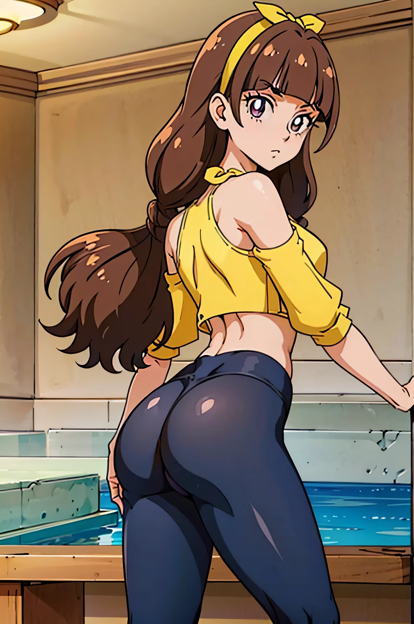 1 girl,(solo), ((amanogawaki)), (masterpiece:1.2), (high quality:1.0), (ultra detailed), (Expressionless), Brat, Adolescent, (Yellow Headband), ((Black Yoga pants)), Crop Top, Looking Back, Looking at viewer, Ass 