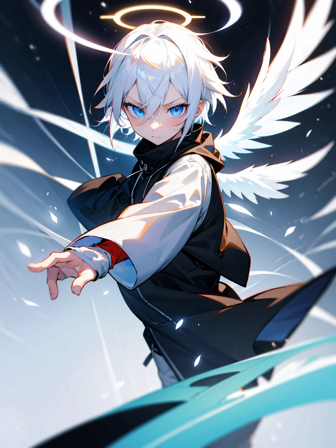Male, white hair, halo, wings, yukata, black sweatshirt, arm sleeve, serious expression