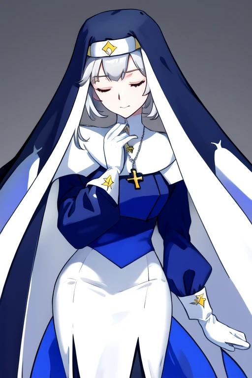 , closed eyes,
blue habit, cross necklace ,white gloves, long sleeves, nun, long skirts, cape
