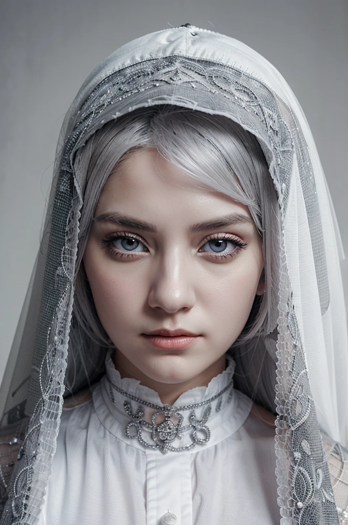 Veil on head, gray veil, white hair, gray white, Guvez art style, arrogant and indifferent girl, half-squinted, white eyeballs, white eyes, national style, gray-white