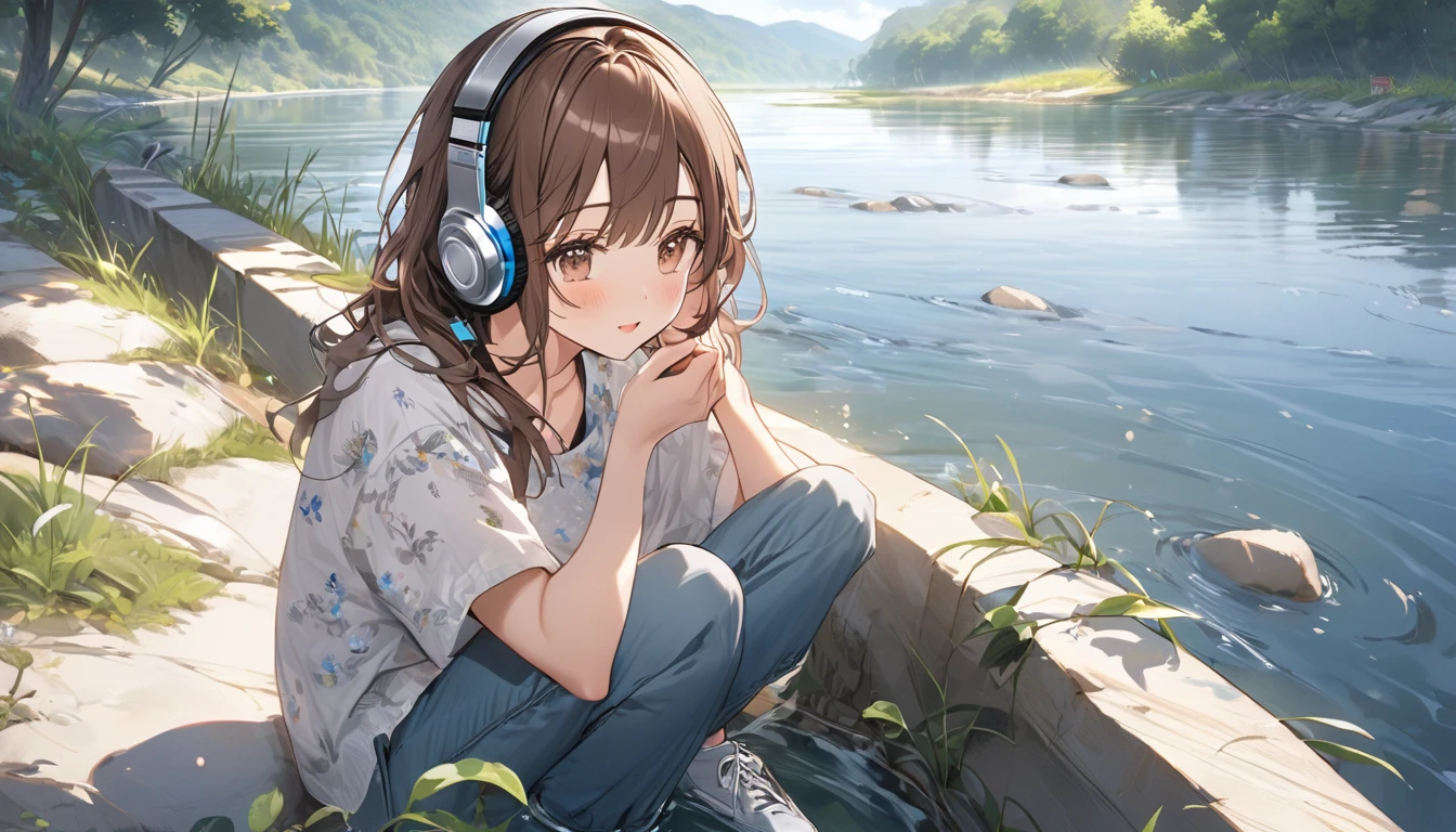 Brown-haired girl wearing headphones、Riverside - Very detailed、masterpiece, Highest quality, Bright - with the sound of a babbling river in the background、Relaxed facial expression、Casual clothing、sitting by the river and dipping his hands in the water
