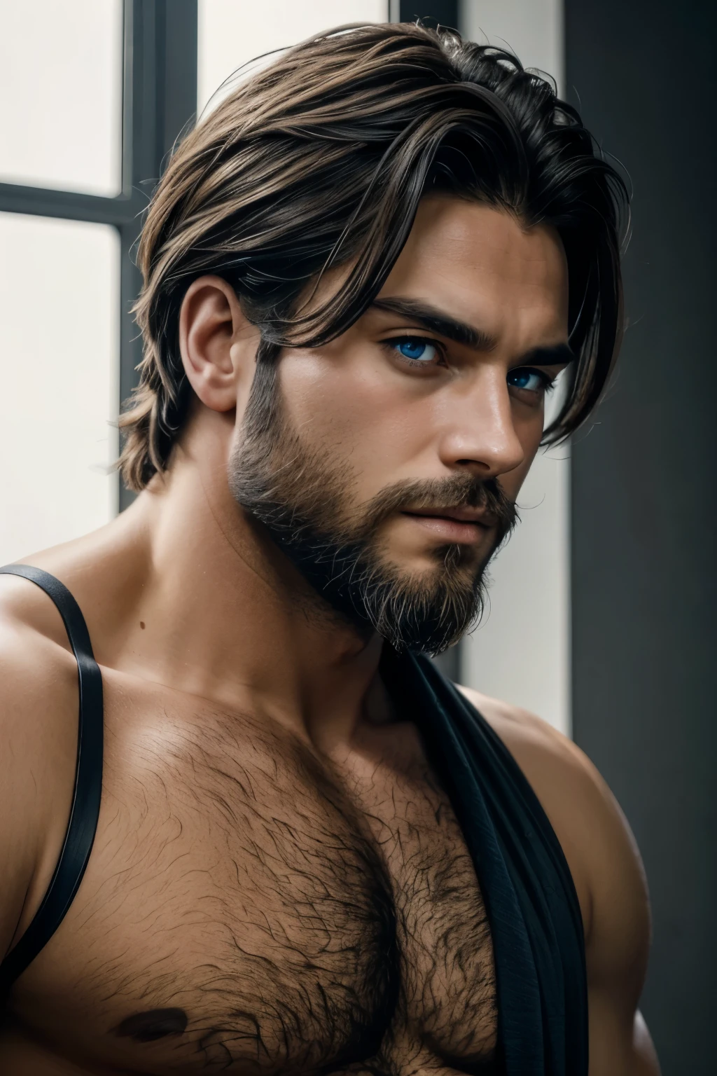 1 men, bonitas, wearing no shirt, Bblack hair, Blonde pupils, blue colored eyes,stark, WITH A BEAUTIFUL BEARD