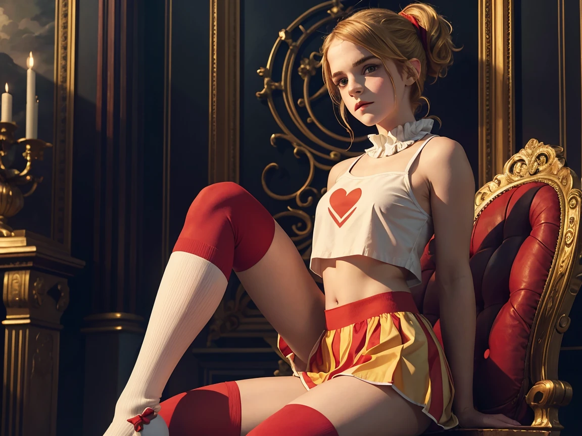 masterpiece. a beautiful two girls emma watson dressed as girl clown. blonde, ponytail, faint smile. intricate tight short uniform, crop top, red socks. dark ambient. on a royal throne.