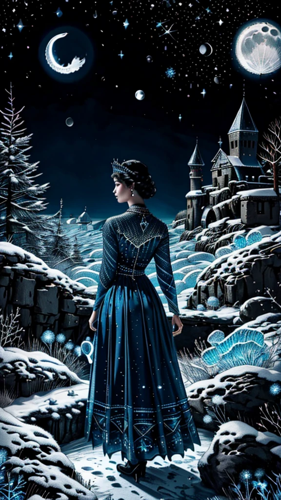 night, ((1 girl)), alone, masterpiece, 8k wallpaper, highres, absurdres, high quality background, short hair, black hair, multicolor hair, beautiful frozen village, (full bright moon), blue dress, detailed dress, jewelry dress, (magic:1.2), blue fire, blue eyes, glowing eyes, fire, ice goddess, (blue detailed beautiful crown), electricity, blue electricity, blue light particles