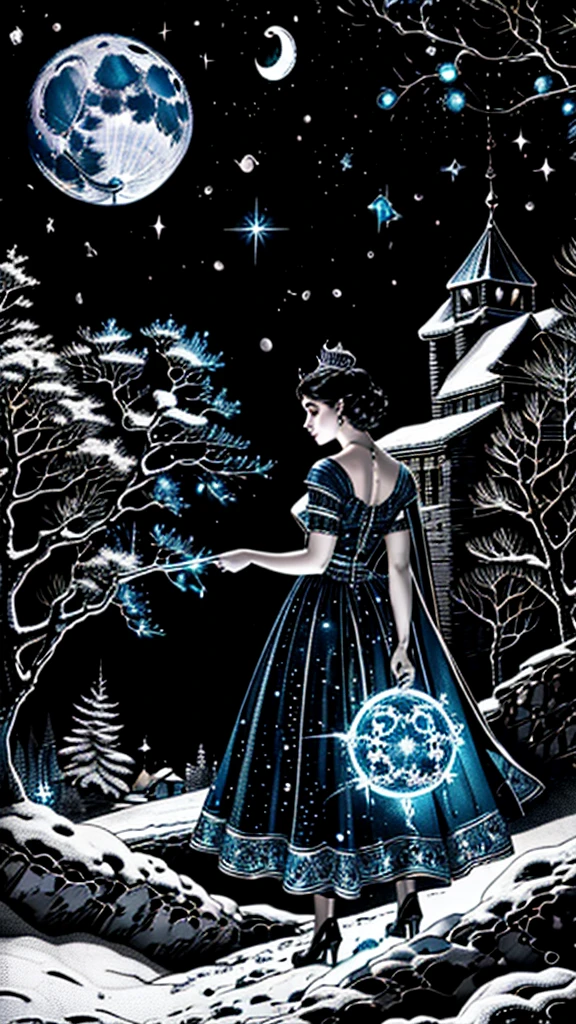 night, ((1 girl)), alone, masterpiece, 8k wallpaper, highres, absurdres, high quality background, short hair, black hair, multicolor hair, beautiful frozen village, (full bright moon), blue dress, detailed dress, jewelry dress, (magic:1.2), blue fire, blue eyes, glowing eyes, fire, ice goddess, (blue detailed beautiful crown), electricity, blue electricity, blue light particles