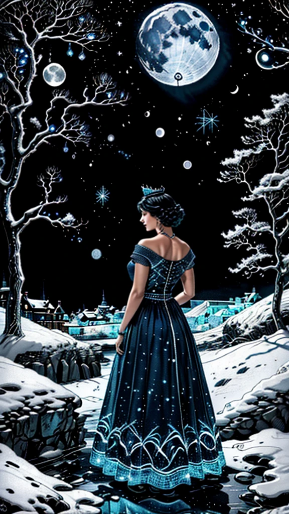 night, ((1 girl)), alone, masterpiece, 8k wallpaper, highres, absurdres, high quality background, short hair, black hair, multicolor hair, beautiful frozen village, (full bright moon), blue dress, detailed dress, jewelry dress, (magic:1.2), blue fire, blue eyes, glowing eyes, fire, ice goddess, (blue detailed beautiful crown), electricity, blue electricity, blue light particles