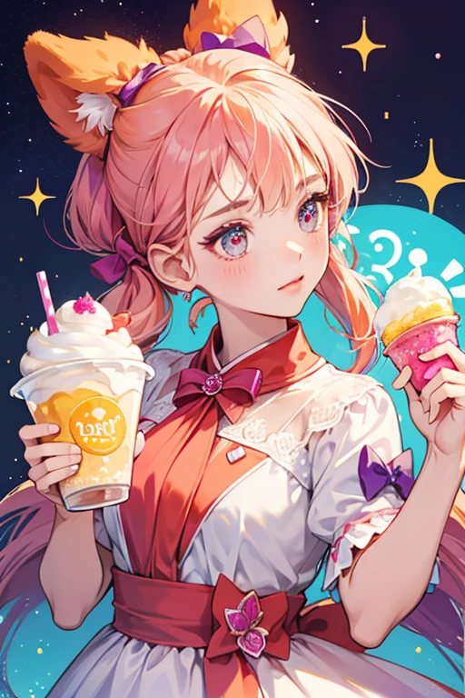 A clear girl Num with logo design around the middle of her head. She has a basic expression with no mouth and rosy cheeks. She has orange bear ears and her shaved ice or sherbet is an orange and raspberry ombre. She wears a purple bow on top of her head. SPARKLE; GLITTER