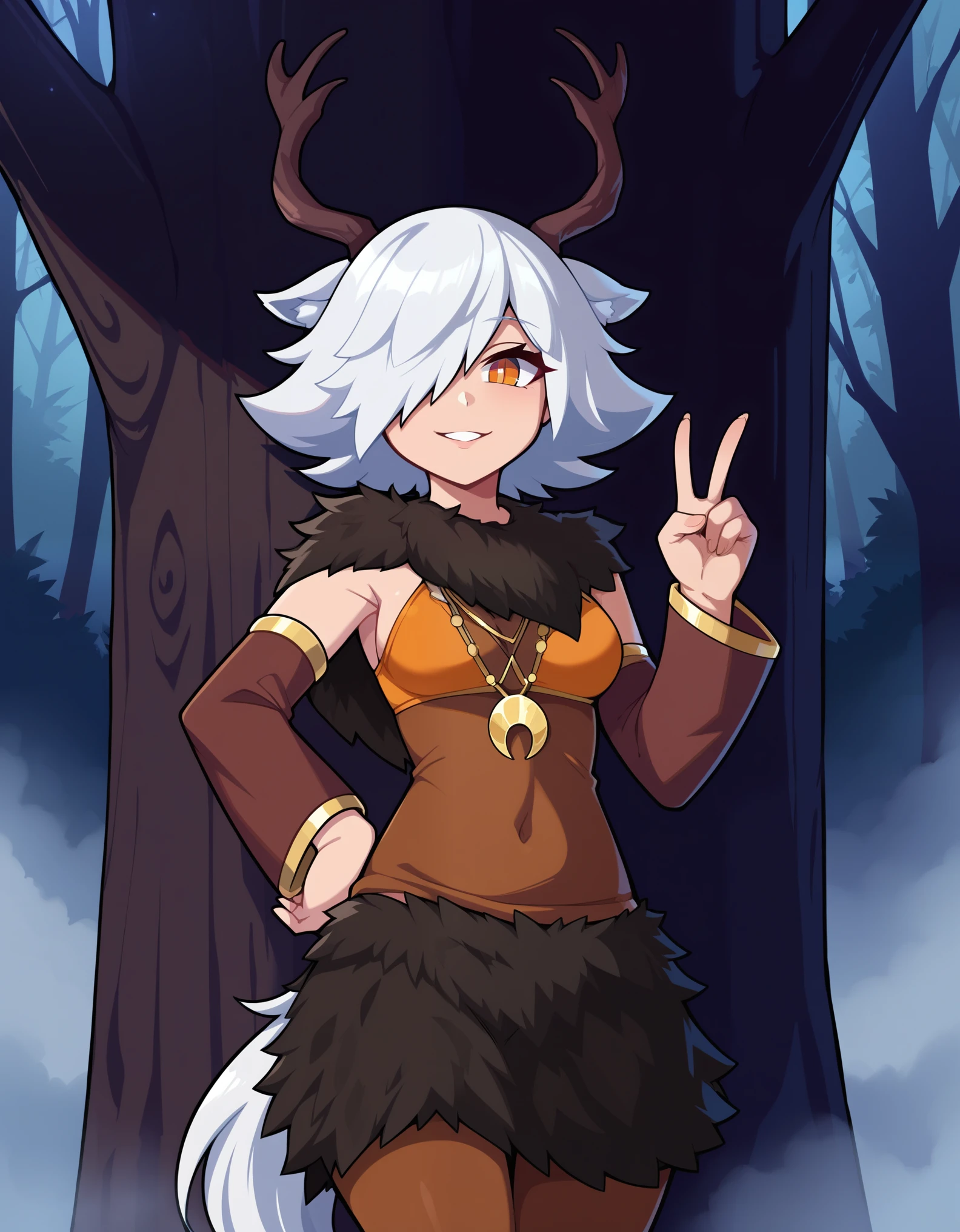 1girl,solo,deer girl,antlers,white hair,animal ears,tail,hair over one eye,orange eyes,slit pupils,crescent moon necklace,fur capelet,brown shirt,yellow bikini top,fur skirt,brown legwear,detached sleeves,
forest,outdoors,bare tree,fog,
looking at viewer,smile,hand up,v,hand on own hip,standing,back against tree,, score_9, score_8_up, score_7_up, perfect anatomy, source_anime, zPDXL2,