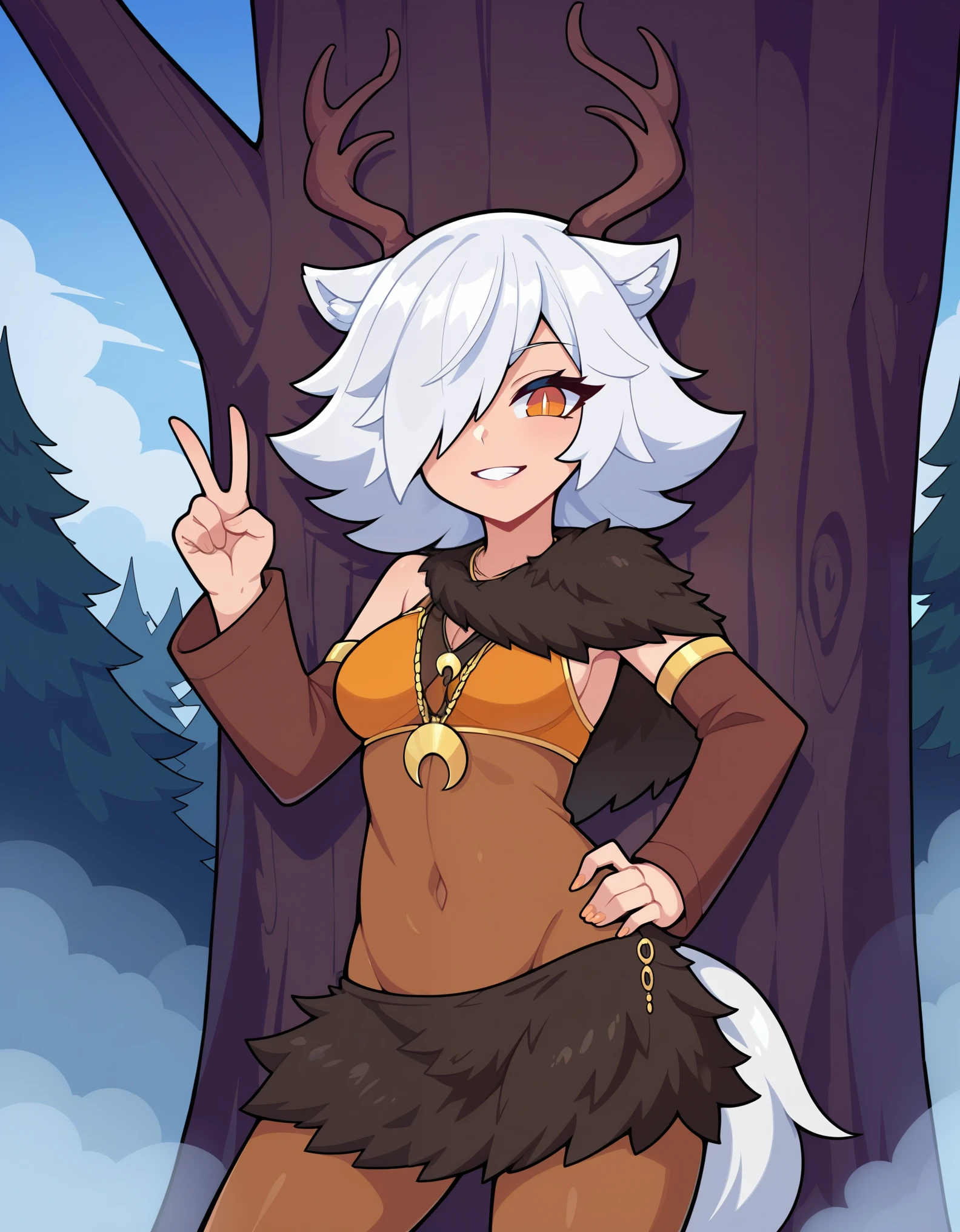 1girl,solo,deer girl,antlers,white hair,animal ears,tail,hair over one eye,orange eyes,slit pupils,crescent moon necklace,fur capelet,brown shirt,yellow bikini top,fur skirt,brown legwear,detached sleeves,
forest,outdoors,bare tree,fog,
looking at viewer,smile,hand up,v,hand on own hip,standing,back against tree,, score_9, score_8_up, score_7_up, perfect anatomy, source_anime, zPDXL2,