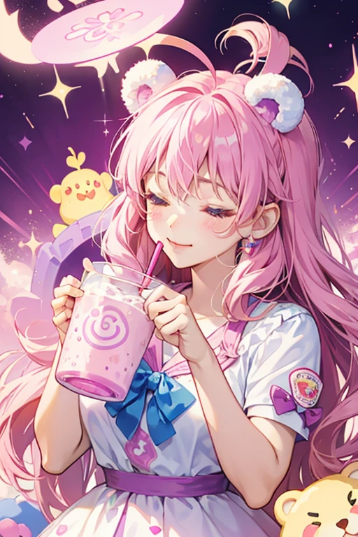 A purple smoothie girl Num with bear ears and happily closed eyes. She has the Num Noms art symbol in a circle on her cup. She is filled with pink gradient blizzard smoothie with the left side lighter and the right side darker. The blizzard smoothie makes her ears, which is adorned by 2 sky blue bows. SPARKLE; GLITTER