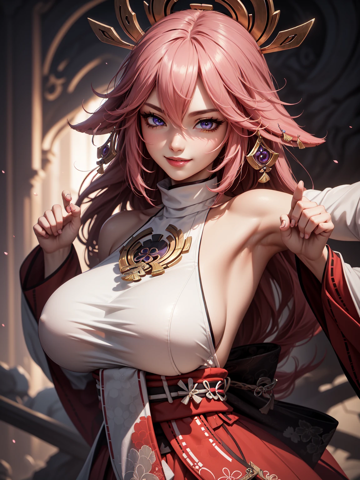 grasping and squeezing breasts,((masterpiece)),(bestquality),((ultra-detailed)), (beautiful detailed face), depth of field,detailed,((beautiful detailed eyes)), (fantasy art:1.5), ((yaemikodef)), cowboy shot, (armpits pose:1.2), body goals, perfect body, official art, gigantic breast, cute, smile,