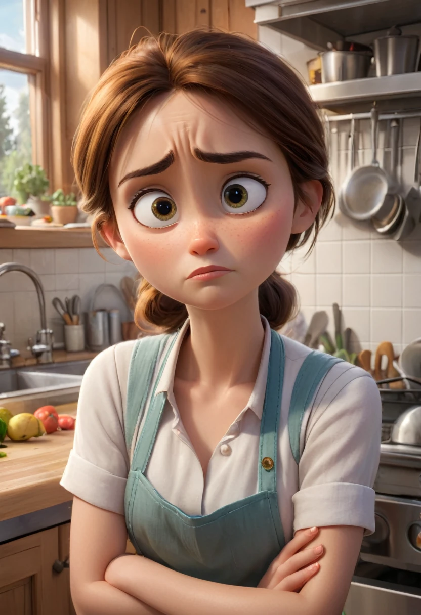 Working in kitchen. Face shows she's sad. High-quality hdr Pixar picture.
