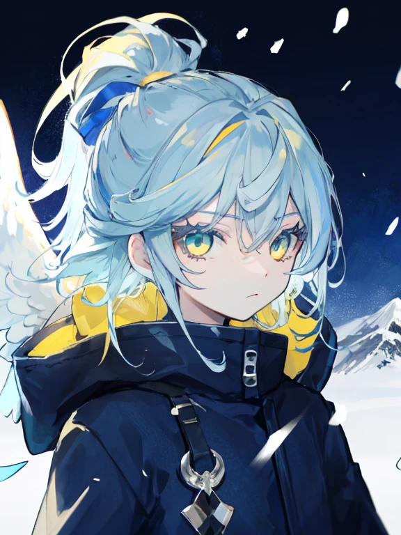 Best Quality、masutepiece、Ultra-detailed、face perfect、Extremely detailed、Extremely delicate、1 boy, (cute little), Angel, lightblue hair、half up、place々Blue Mesh、blue and yellow gradient eyes、Noble attire、Black coat、gray collared shirt、Black pants、snow mountains、snow blowing