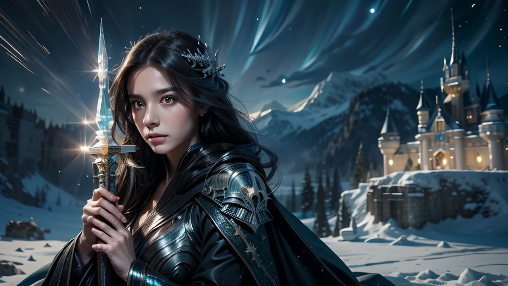 masterpiece, rest, best quality, Very detailed, Super real, 16K, high resolution, castle,snow, ((Starry Sky)),Female Mage,Gorgeous robe,Complex Mode,Pretty Face,Closed mouth,dramatic,Half-length photo,Glowing scepter,Black Wings,Large Breasts
