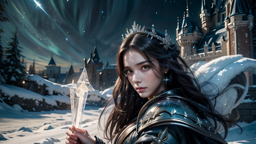 masterpiece, rest, best quality, Very detailed, Super real, 16K, high resolution, castle,snow, ((Starry Sky)),Female Mage,Gorgeous robe,Complex Mode,Pretty Face,Closed mouth,dramatic,Half-length photo,Glowing scepter,Black Wings,