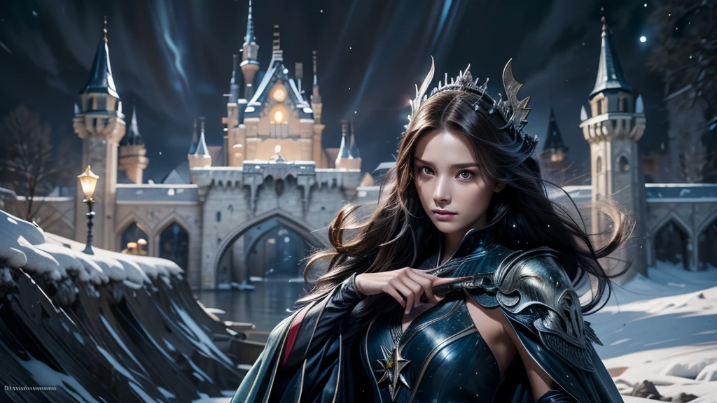 masterpiece, rest, best quality, Very detailed, Super real, 16K, high resolution, castle,snow, ((Starry Sky)),Female Mage,Gorgeous robe,Complex Mode,Pretty Face,Closed mouth,dramatic,Half-length photo,Glowing scepter,Black Wings,
