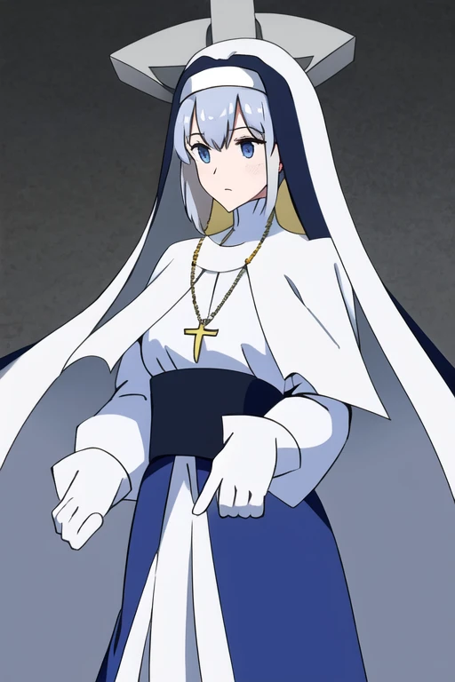 blue habit, cross necklace ,white gloves, long sleeves, nun, long skirts, cape