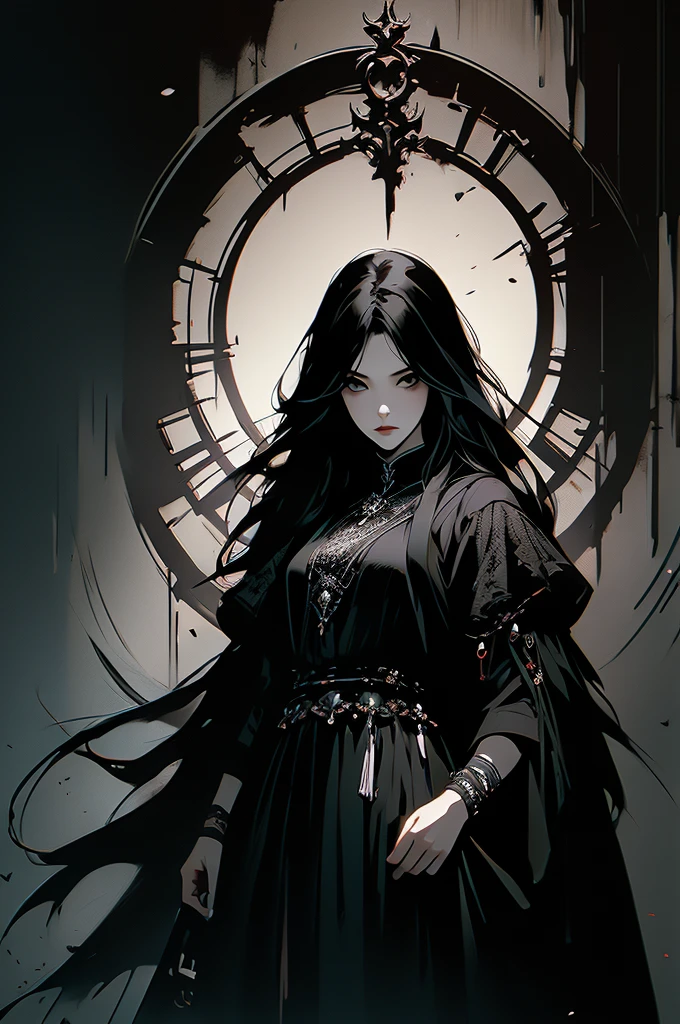 masterpiece,best quality,ultra-detailed,2girl,solo,crow,upper body,dark style,black hair,black clothes,standing,horror theme, black background