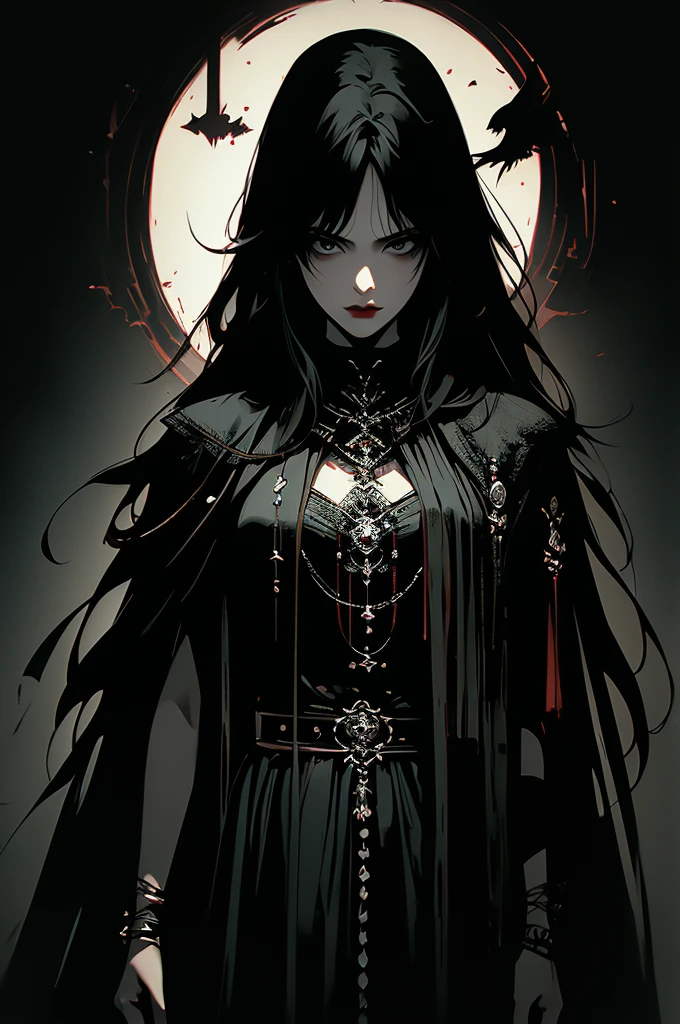 masterpiece,best quality,ultra-detailed,2girl,solo,crow,upper body,dark style,black hair,black clothes,standing,horror theme, black background
