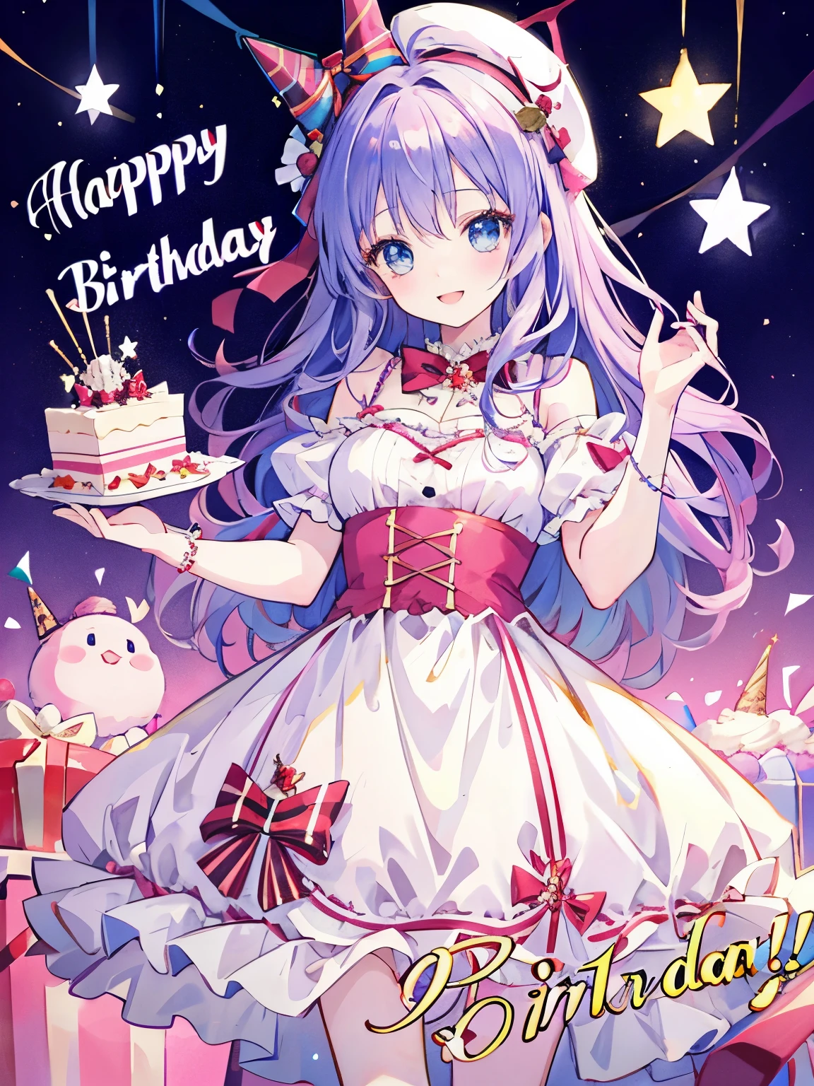 girl,birthday cake,festive atmosphere,smile,Fluffy and voluminous hair like a princess,Beautiful blue eyes、(((Happy Birthday)))main character&#39;s aura