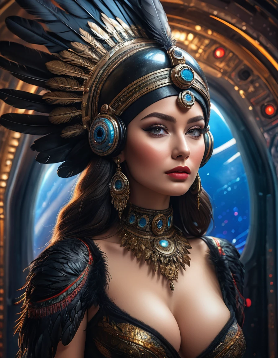 A beautiful fairy goddess, fairy queen in a biomechanical spaceship, outer space, retro futuristic, sci-fi, fantasy art, 80s fantasy movie style, frank frazetta style, detailed face,beautiful detailed eyes, beautiful detailed lips, extremely detailed face and eyes, intricate mechanical details, glowing cybernetic enhancements, ethereal flowing dress, dramatic lighting, vibrant colors, cinematic composition, masterpiece, 8k, photorealistic