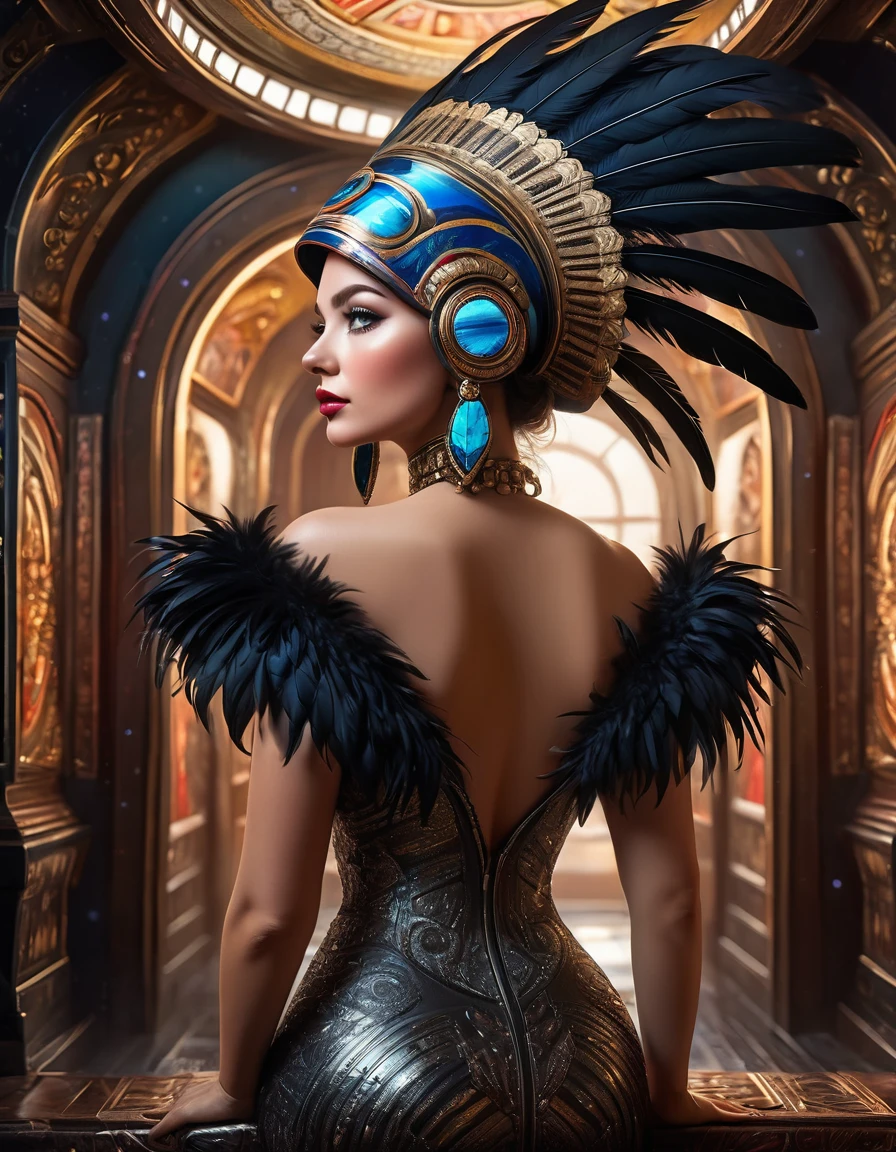 full body view from behind, oil painting style, spaceship interior, beautiful busty Russian woman, black feather headdress, detailed face, detailed eyes, detailed lips, extremely detailed, intricate details, cinematic lighting, dramatic shadows, vivid colors, photorealistic, 8k, high quality, masterpiece, digital art