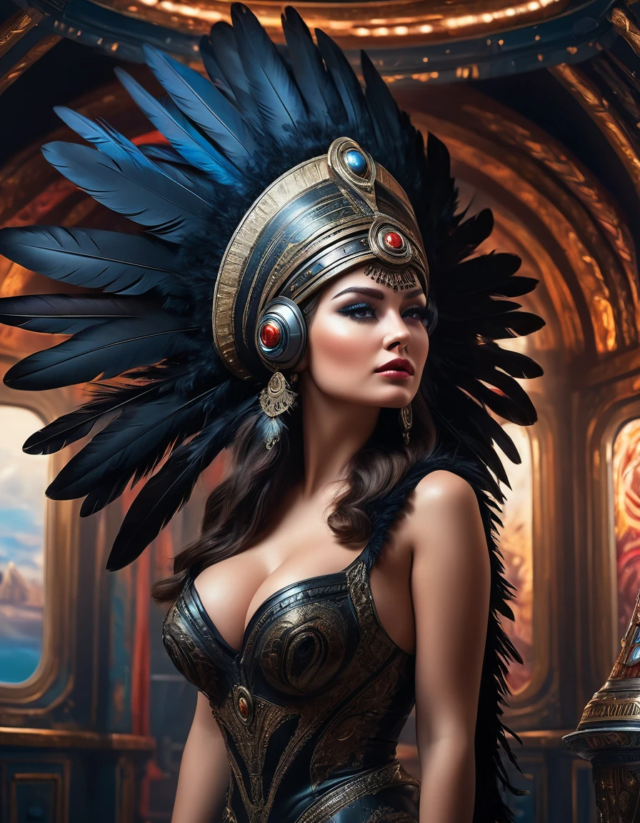 full body view from behind, oil painting style, spaceship interior, beautiful busty Russian woman, black feather headdress, detailed face, detailed eyes, detailed lips, extremely detailed, intricate details, cinematic lighting, dramatic shadows, vivid colors, photorealistic, 8k, high quality, masterpiece, digital art