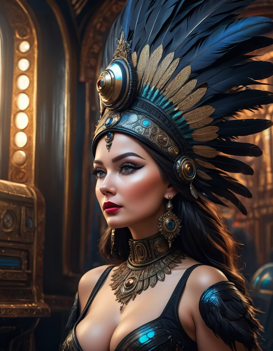 full body view from behind, oil painting style, spaceship interior, beautiful busty Russian woman, black feather headdress, detailed face, detailed eyes, detailed lips, extremely detailed, intricate details, cinematic lighting, dramatic shadows, vivid colors, photorealistic, 8k, high quality, masterpiece, digital art