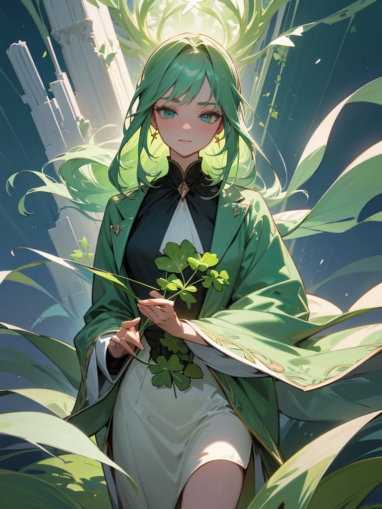 High-resolution RAW color artwork, animation,Carving, quarter leaf clover 🍀, (((Highly detailed elegant))), magical atmosphere, thin skin, texture,(Exquisitely crafted, The finer details, ultra detailed art), Written limit depth, silky to the touch, hyper detail, (blooming green), gorgeous eyes, elegant face, Casual jacket, (all-body), necklase, to heaven, wind darkening, bright sky background