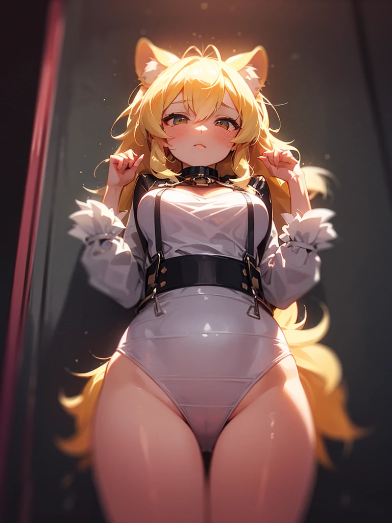 (Sumilux f1.4 50mm , low Latitude old color negative film , cross process , bokeh, flare, chromatic aberration , soft focus, (Shallow focus) , soft glow , Maximum aperture, low Key , Transparent depiction) , hentai comic style , kawaii coquettish tomboyish tiger girl , (wide open shackle clothes) , In the messy dirty cage , heart is beating fast with anticipation , lovey-dovey Estrus pet , It's about to leak , (Milk accumulates in the rectum:0.7)