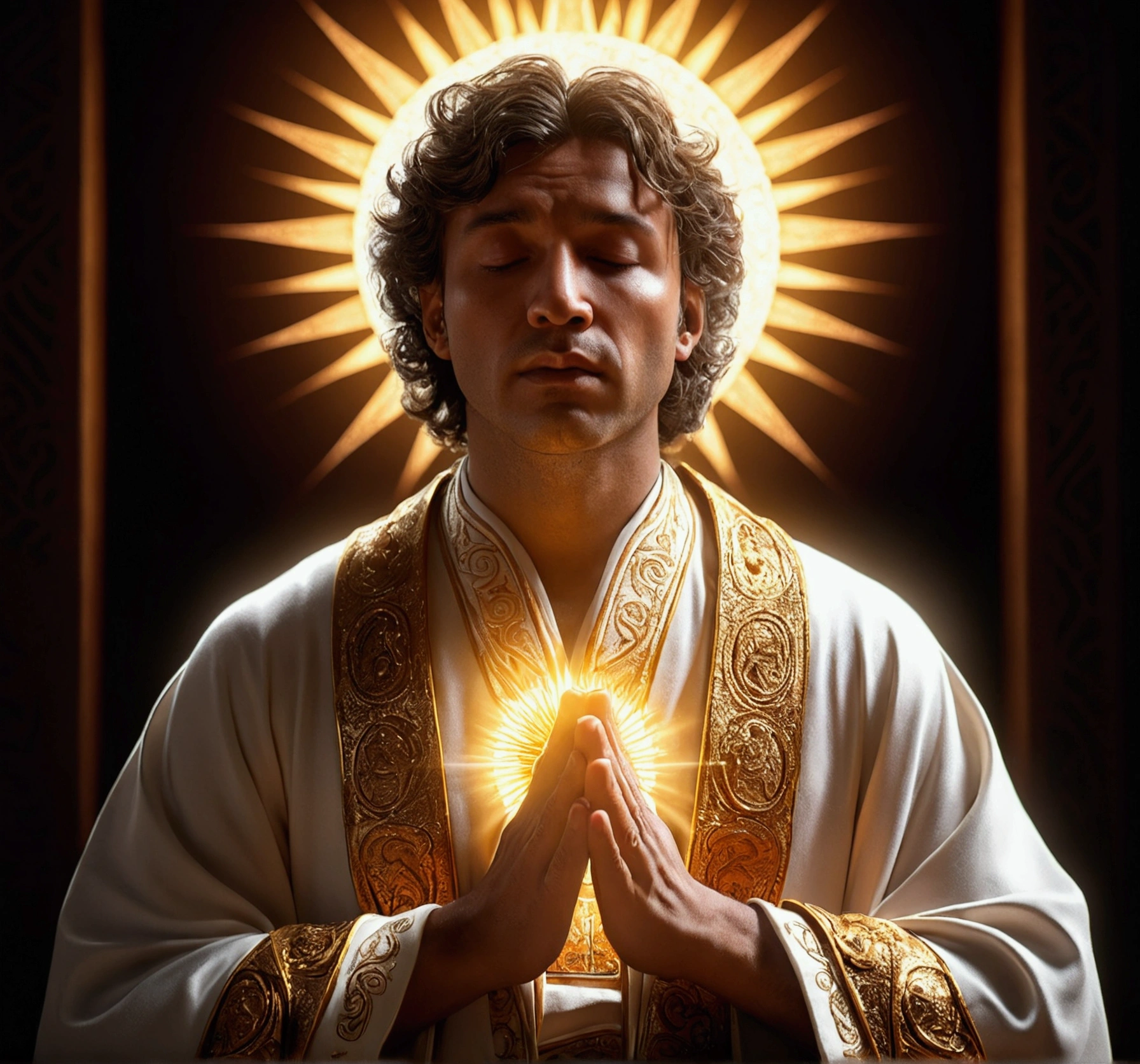 a man praying,a bright light like a sun rising in his chest,ultra realistic,cinematic,ultra detailed 8k,dramatic lighting,volumetric light rays,chiaroscuro lighting,dramatic shadows,photorealistic,intricate details,highly detailed face and hands,glowing energy emanating from chest,serene expression,religious iconography,ornate robes,divine light,spiritual awakening