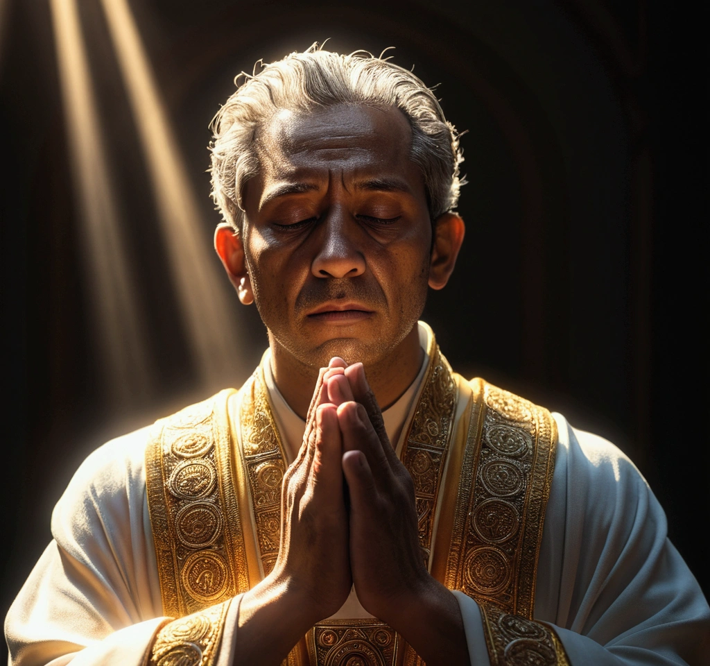 a man praying,a bright light like a sun rising in his chest,ultra realistic,cinematic,ultra detailed 8k,dramatic lighting,volumetric light rays,chiaroscuro lighting,dramatic shadows,photorealistic,intricate details,highly detailed face and hands,glowing energy emanating from chest,serene expression,religious iconography,ornate robes,divine light,spiritual awakening