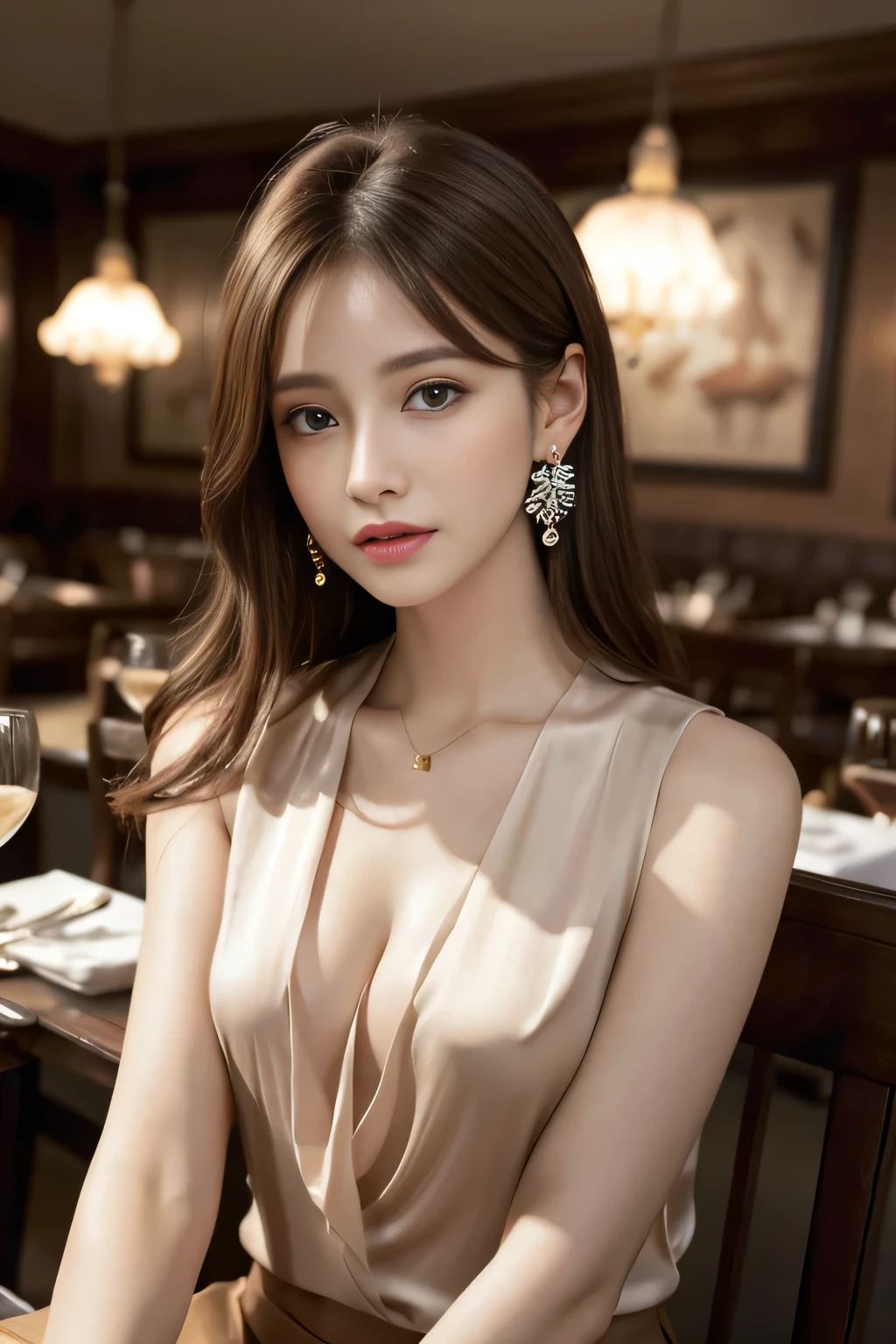 masterpiece, Highest quality, Realistic, Very detailed, Finer details, High resolution, 8k wallpaper, One beautiful woman, Wear a pretty colored silk shirt, In a great restaurant, At night, Light brown messy hair, Perfect dynamic composition, Beautiful and beautiful eyes、Big earrings、chest、Sleeveless shirt、