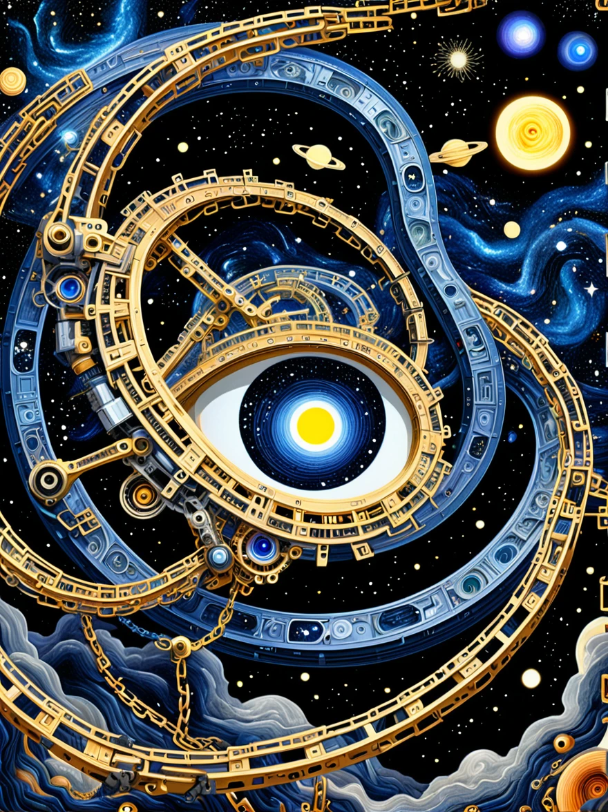 Create an optical illusion artwork combining elements like eyes, the starry night sky, the universe, galaxies, a celestial ladder, technology, machinery, and chains. The composition should be complex and intricate, featuring geometric shapes and patterns that link these elements together in a way that creates a strong visual illusion. The artwork should include an eye as a central element, surrounded by a depiction of the universe and galaxies, with elements of advanced technology and machinery interwoven. The celestial ladder, possibly made of chains or mechanical parts, should connect different parts of the image, defying gravity and perspective. The overall design should be mesmerizing, causing viewers to feel dazzled and disoriented, with a powerful sense of visual illusion.