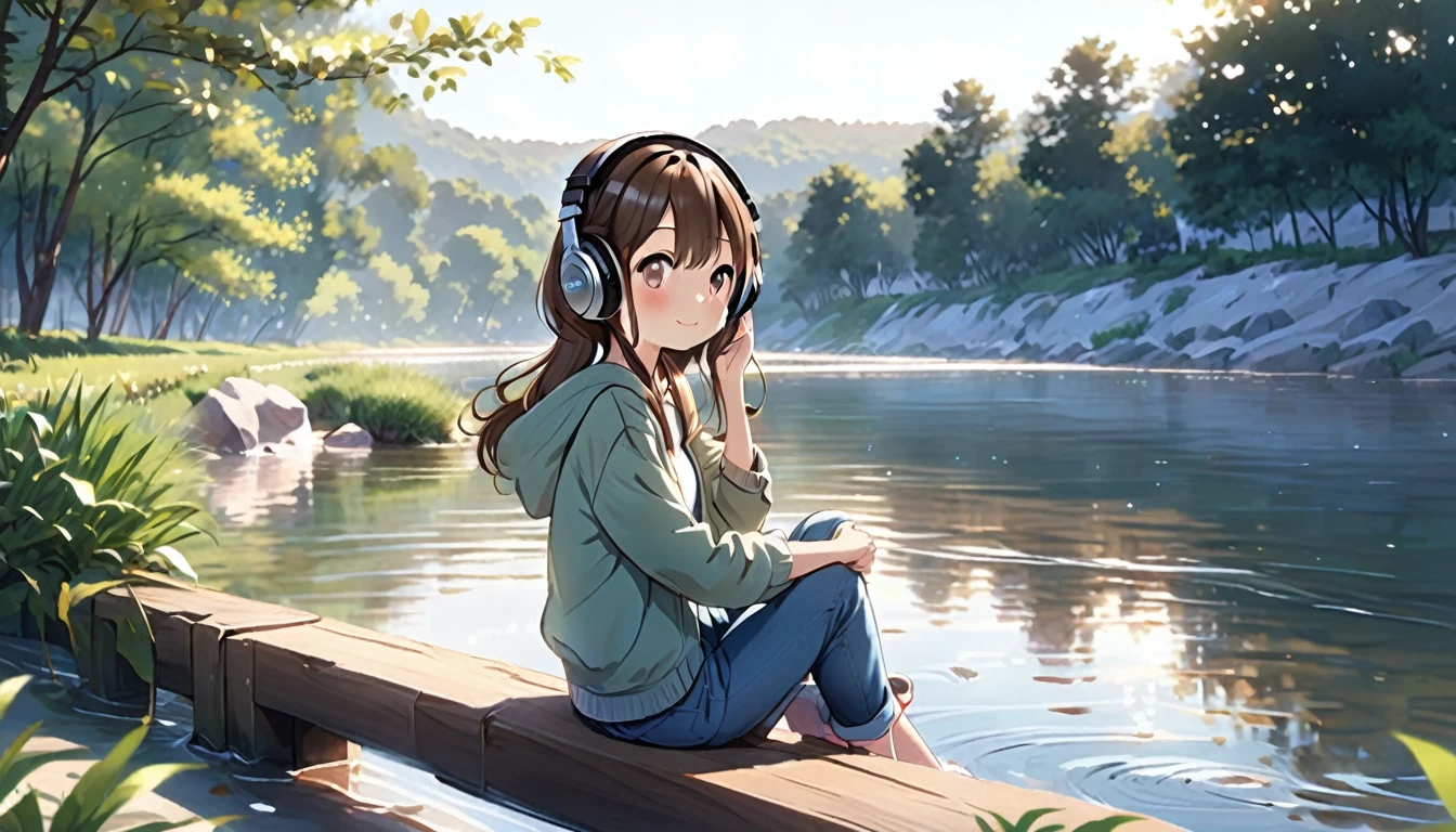 Brown-haired girl wearing headphones、Riverside - Very detailed、masterpiece, Highest quality, Bright - with the sound of a babbling river in the background、Relaxed facial expression、Casual clothing、sitting by the river and dipping his hands in the water