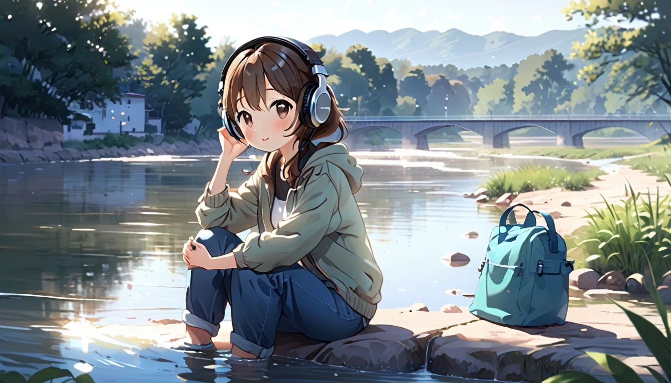 Brown-haired girl wearing headphones、Riverside - Very detailed、masterpiece, Highest quality, Bright - with the sound of a babbling river in the background、Relaxed facial expression、Casual clothing、sitting by the river and dipping his hands in the water