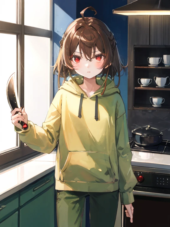 About 9 ~ 16-year-old girl，Red eyes，brown hair，White-colored skin，Wear a green hoodie，Brown pants，A red kitchen knife in his hand，There is a blush，Two-dimensional painting style，Stand in the golden promenade，The expression is gloomy。