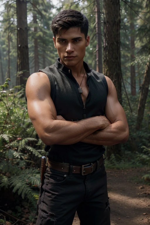 Piers Nivans, Teen Wolf, military, 30 years old, black hair with a spiky military cut, slim and muscular build, brown eyes, open sleeveless brown military jacket, red short-sleeved t-shirt with sword print, black hunter belt, black jeans, black military boots. , sword. necklace, forest background with fog