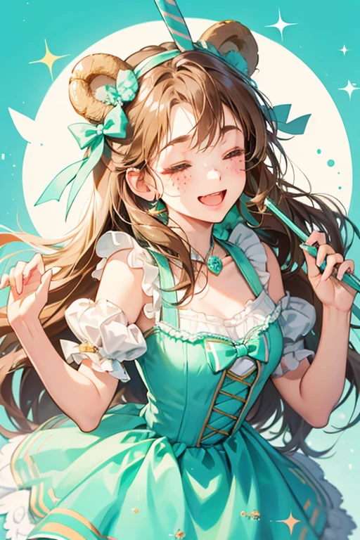 A mint girl with chocolate bear ears to match the bow attached to her straw. She has shut eyes and a happy opened mouth, along with freckles.  SPARKLE; GLITTER