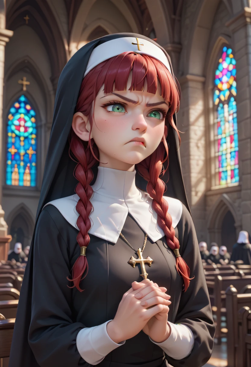 1girl, annoyed, angry, arms crossed, pouting, pouting cheeks, pouty, pouty cheeks, pout, green eyes, nun clothes, nun hat, beautiful, red hair, gentle eyes, long braids, blunt bangs, small breasts, church, masterpiece quality, ultra HD, 4K, best quality