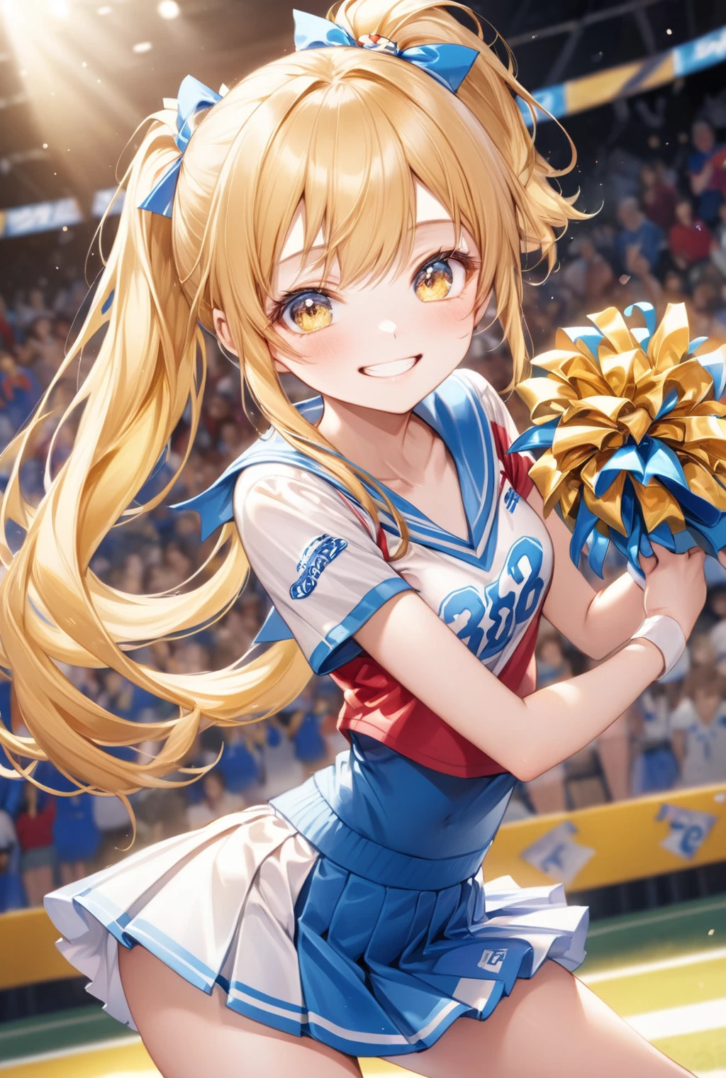 (Highest quality, 8k, 32K, masterpiece, Ultra-high resolution,:1.2),to be born, One Girl,So cute , Fantasy background like a ground, clear, Shining Eyes, Age 20 ,Fair skin, Golden Hair Girl, A beautiful girl like a fox, Cheerleader, Slanted Eyes, An innocent smile, Grin, mini skirt, Long Hair, Long Hair, ponytail