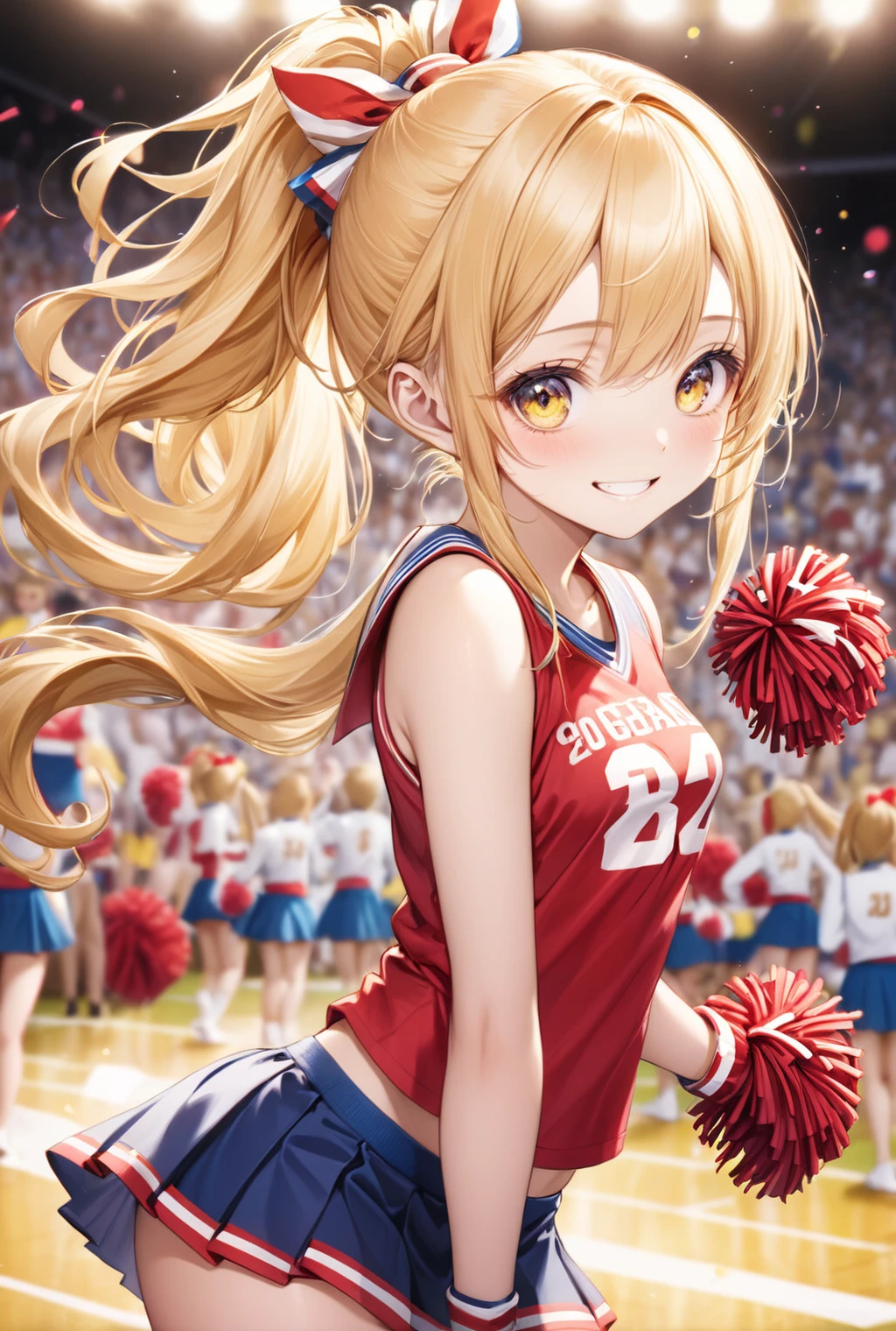 (Highest quality, 8k, 32K, masterpiece, Ultra-high resolution,:1.2),to be born, One Girl,So cute , Fantasy background like a ground, clear, Shining Eyes, Age 20 ,Fair skin, Golden Hair Girl, A beautiful girl like a fox, Cheerleader, Slanted Eyes, An innocent smile, Grin, mini skirt, Long Hair, Long Hair, ponytail