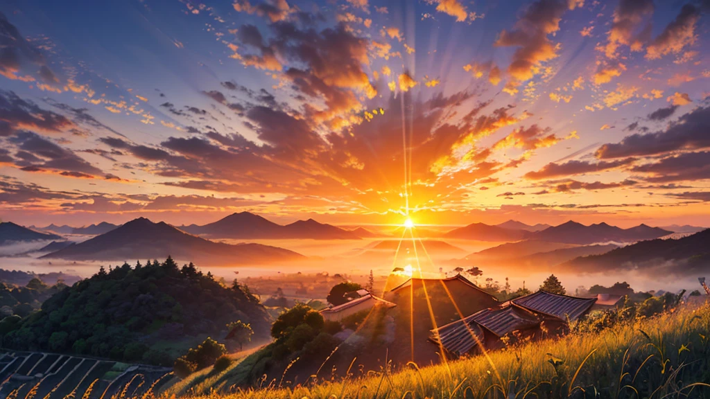 ((Beautiful sunrise scenery:1.9))、Rural area shrouded in morning mist、Rice terraces reflecting the morning sun、Close and distant views、(Highest quality、4K、8k、High resolution、masterpiece:1.2)、Very detailed、(Genuine、Realistic、Realistic:1.37)、Detailed landscape、Beautiful sky、Warm Light、Calmな雰囲気、Detailed rooster、Detailed architecture、Morning Dew、Quiet landscape、Calm、Golden Hour
