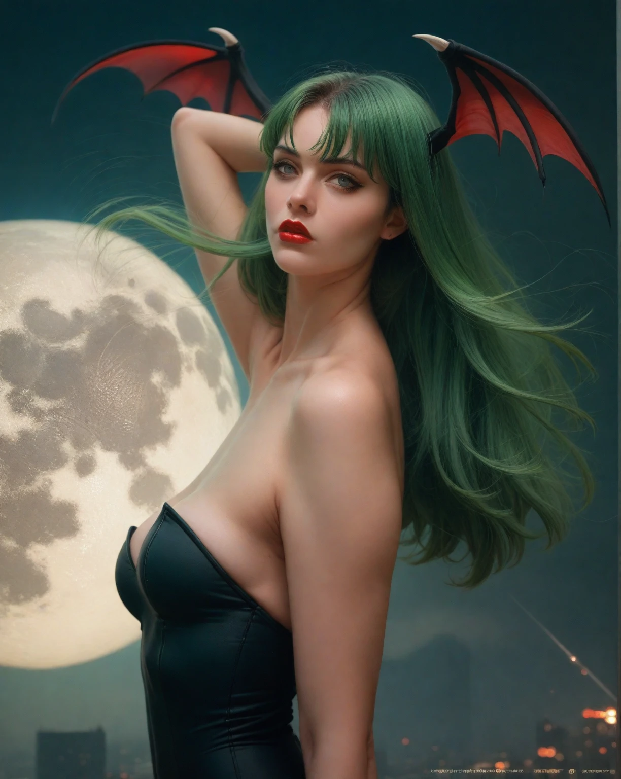 1 girl. morrigan, with bat wings on his back and head, Long green hair, strapless sexual black leotard, full moon behind her, sigh, Red lips, impressionism, Artwork, super verbose, high resolution, 8k