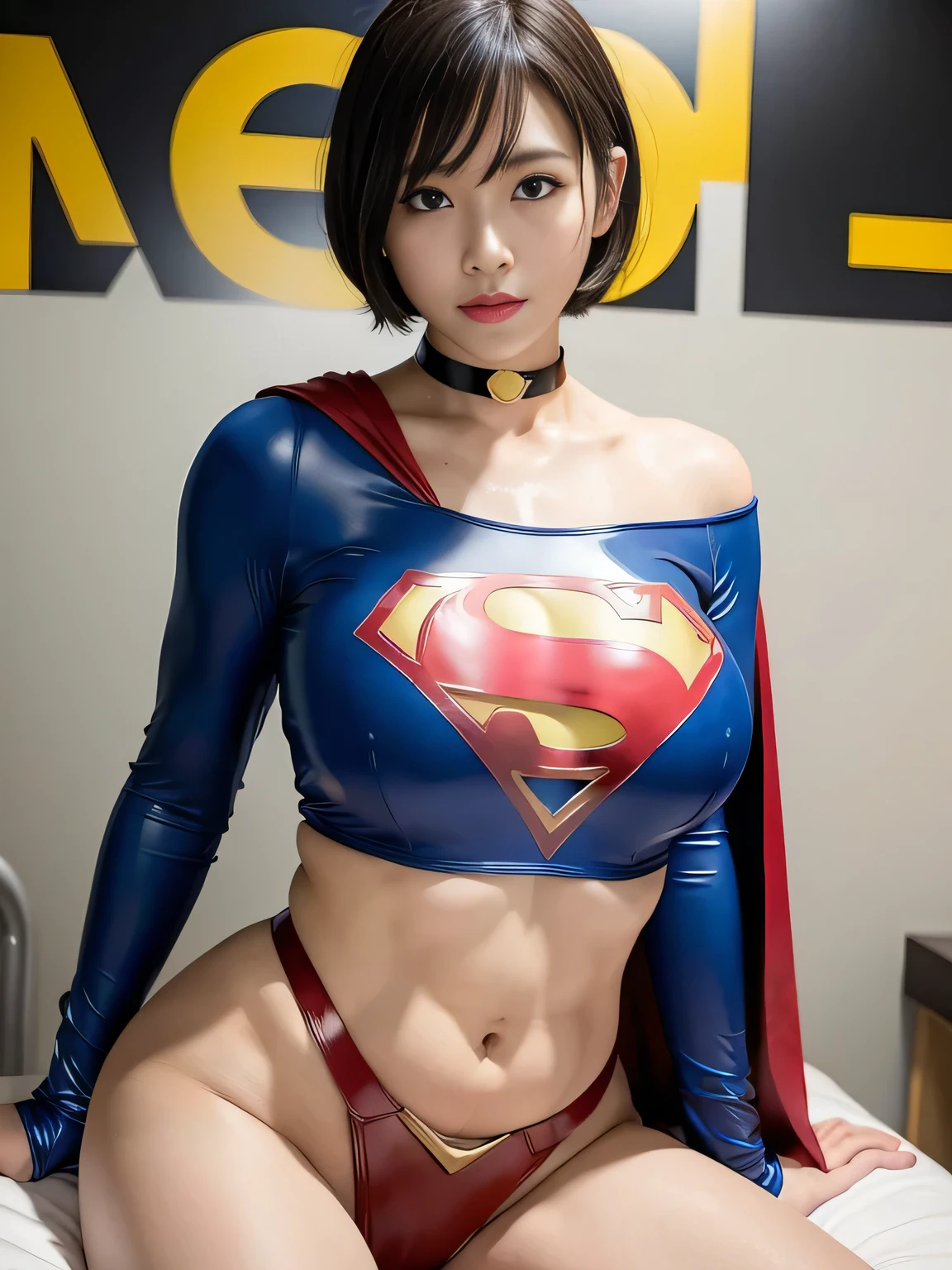 masterpiece、Rubber Supergirl Costume、Short Hair、Hospital operating table、Crisis situation、Big and ample breasts、looking at the camera、Shiny、Off the shoulder、choker、Long sleeve、exy poses to seduce、Sweaty skin、Model body type、Alluring、charm、Enchanting、Abused、test subject、victim、Wild、Photorealistic、latex、Expose your belly、athlete、High leg、Photo magazine cover、cape、Enchanting thighs、wallpaper for pc、