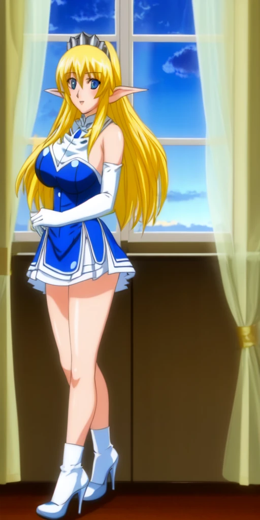 high resolution, masterpiece, high quality, perfect face, perfect eyes, Princess Nina Aslato, long blonde hair, long elf ears, tiara, blue leotard, miniskirt, high heels, feet together, white elbow gloves, huge breasts, cheerful, bedroom background (indoors) sunset thru window