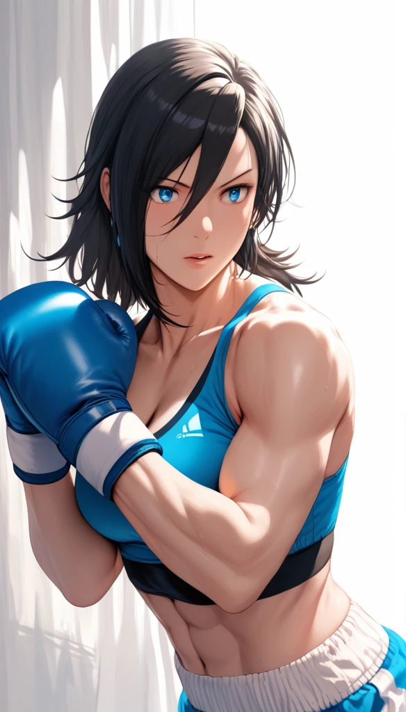 (hews art style:0.7), score_9, score_8_up, score_7_up, score_6_up, score_5_up, score_4_up, 1 girl, 23 years old, long black hair, handsome face, toned, sports bra, boxing gloves, punching, high quality, masterpieceBREAK (masterpiece:1.2), best quality, high resolution, (illustration:0.8), (detailed eyes:1.3), perfect lighting, (perfect hands, perfect anatomy) 