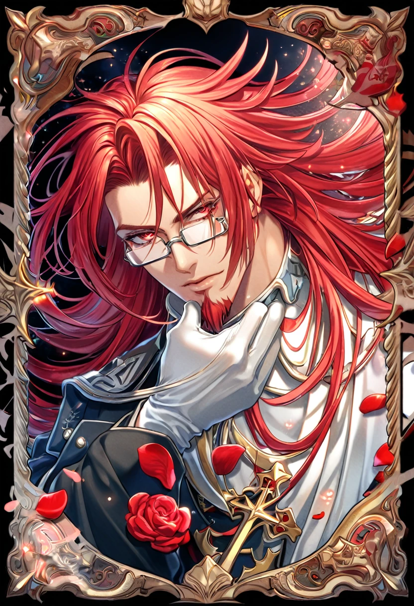 absurdres, highres, ultra detailed, HDR, master piece, best quality, extremely detailed, Marian Cross, red hair, long hair, messy hair, expressive red eyes, D.Gray-man, rectangle glasses, red goatee, solo, sexy man, handsome, sensual, black clothes, white gloves, magical, fantasy, red background, red roses, shining, red petals, red glittering fireflies