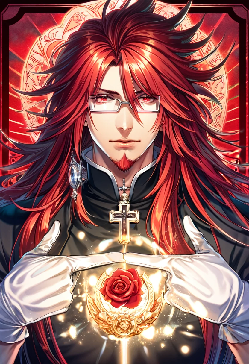 absurdres, highres, ultra detailed, HDR, master piece, best quality, extremely detailed, Marian Cross, red hair, long hair, messy hair, expressive red eyes, D.Gray-man, rectangle glasses, red goatee, solo, sexy man, handsome, sensual, black clothes, white gloves, magical, fantasy, red background, red roses, shining, red petals, red glittering fireflies