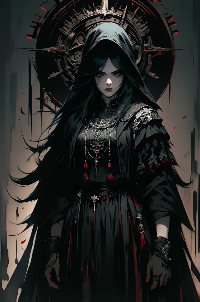 masterpiece,best quality,ultra-detailed,2girl,solo,crow,upper body,dark style,black hair,black clothes,standing,horror theme,
